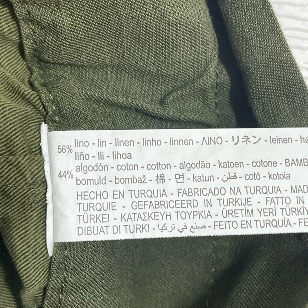 Zara Paperbag Waist Linen Blend Barrel Leg Pants Size MEDIUM Army‎ Olive Green